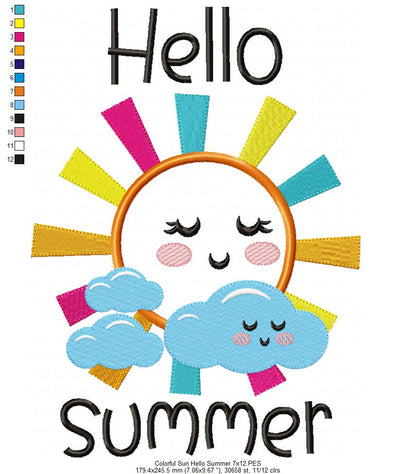 Colorful Happy Sun Hello Summer - Applique - Machine Embroidery Design