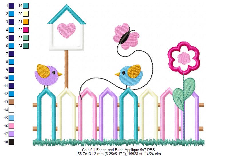 Colorful Fence and Birds - Applique - Machine Embroidery Design