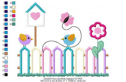 Colorful Fence and Birds - Applique - Machine Embroidery Design