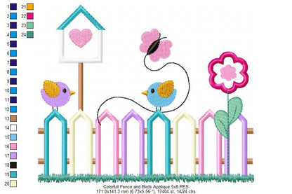 Colorful Fence and Birds - Applique - Machine Embroidery Design