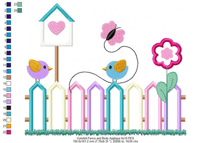 Colorful Fence and Birds - Applique - Machine Embroidery Design