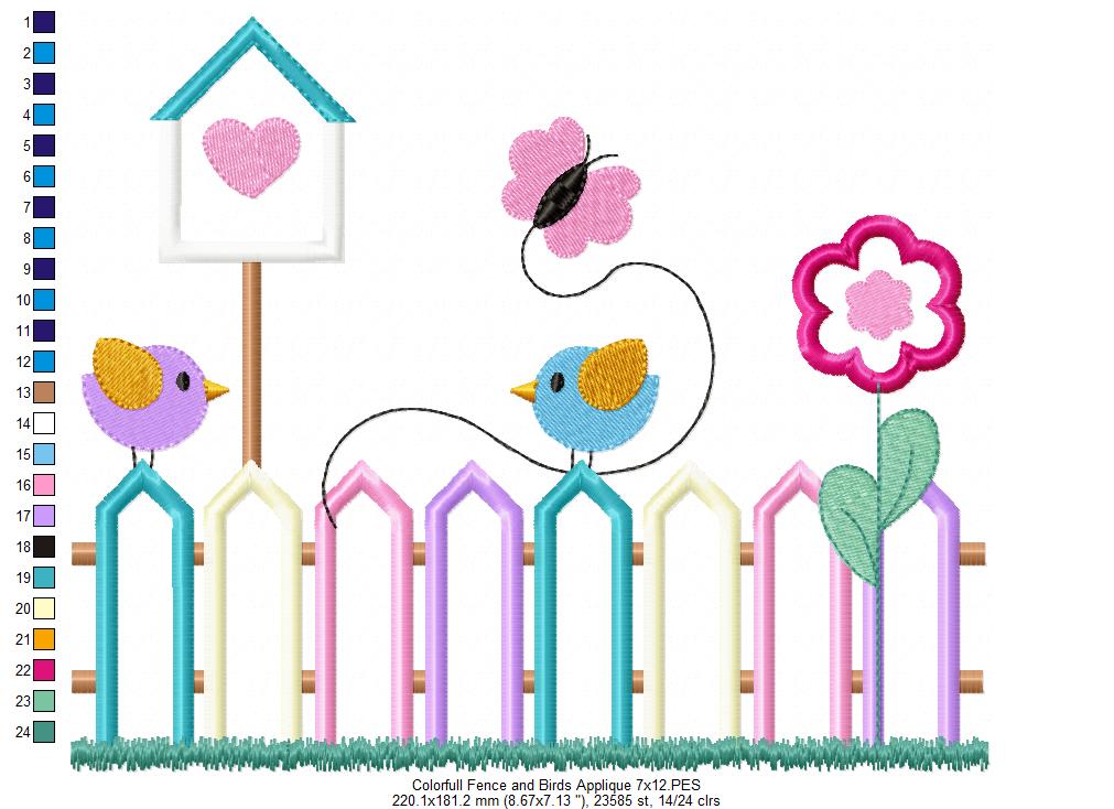 Colorful Fence and Birds - Applique - Machine Embroidery Design