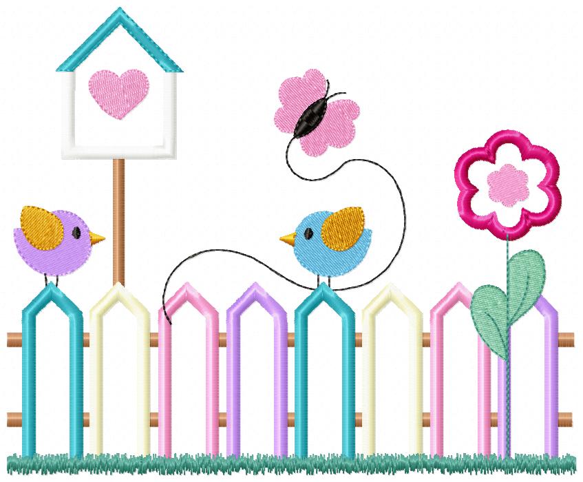 Colorful Fence and Birds - Applique - Machine Embroidery Design