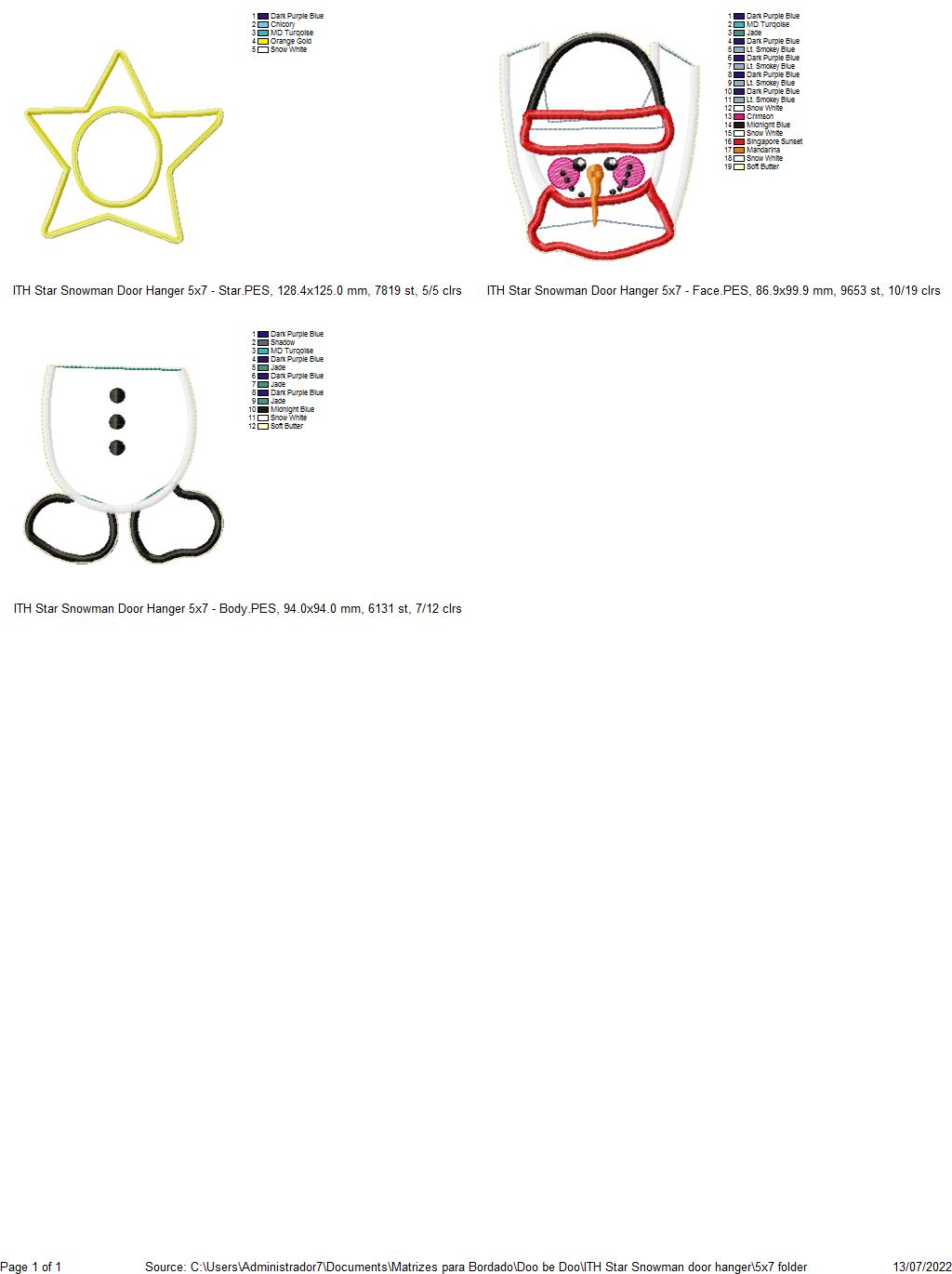 Star Snowman Door Hanger - ITH Project - Machine Embroidery Design