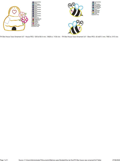 Bee House Vase Ornament - ITH Project - Machine Embroidery Design