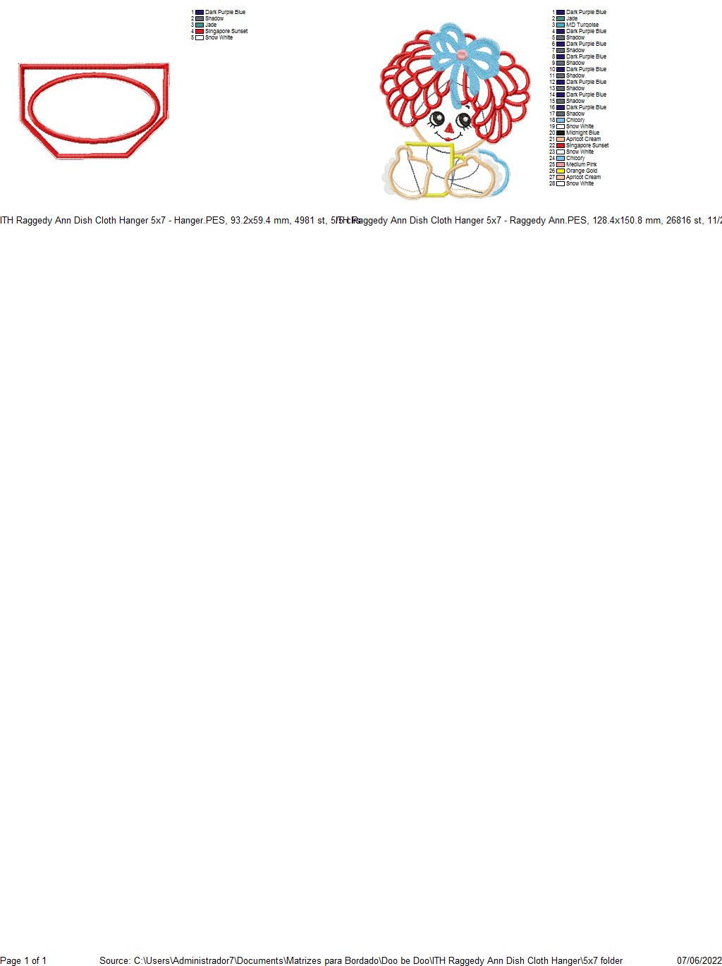 Raggedy Doll Dish Towel Holder - ITH Project - Machine Embroidery Design