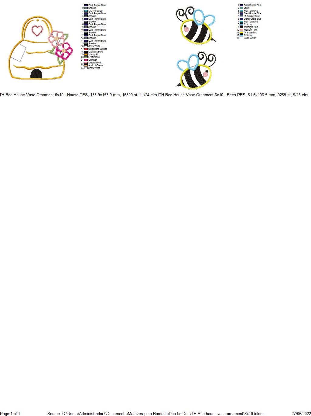 Bee House Vase Ornament - ITH Project - Machine Embroidery Design