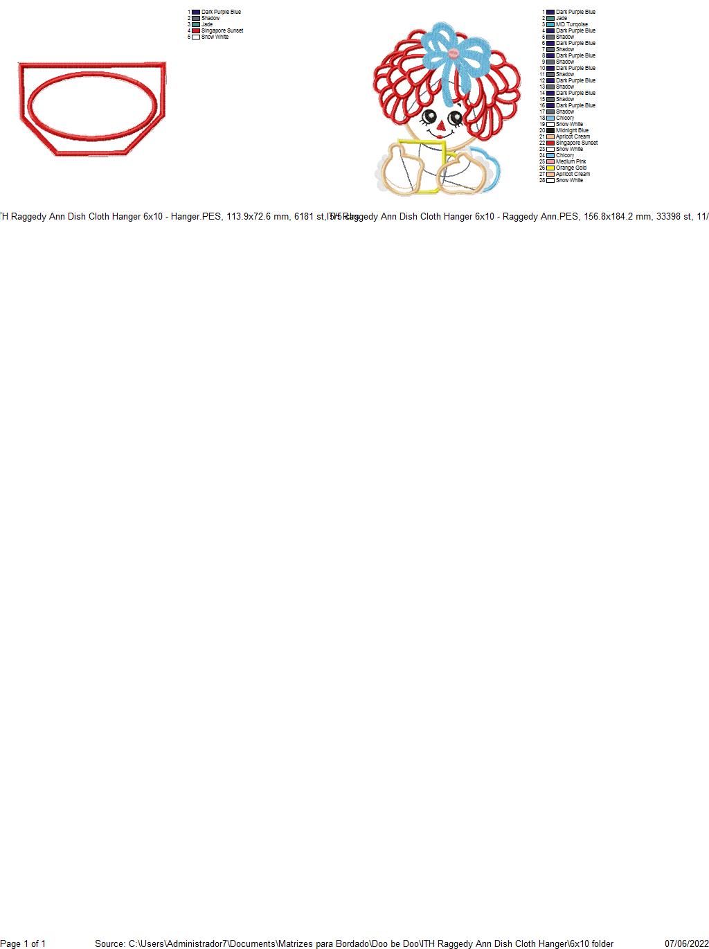 Raggedy Doll Dish Towel Holder - ITH Project - Machine Embroidery Design