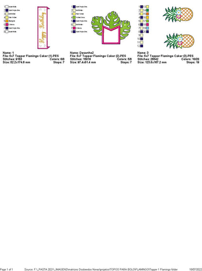 Flamingo and Pineapple Cake Topper Birthday Numbers 1-11 - ITH Project - Machine Embroidery Design