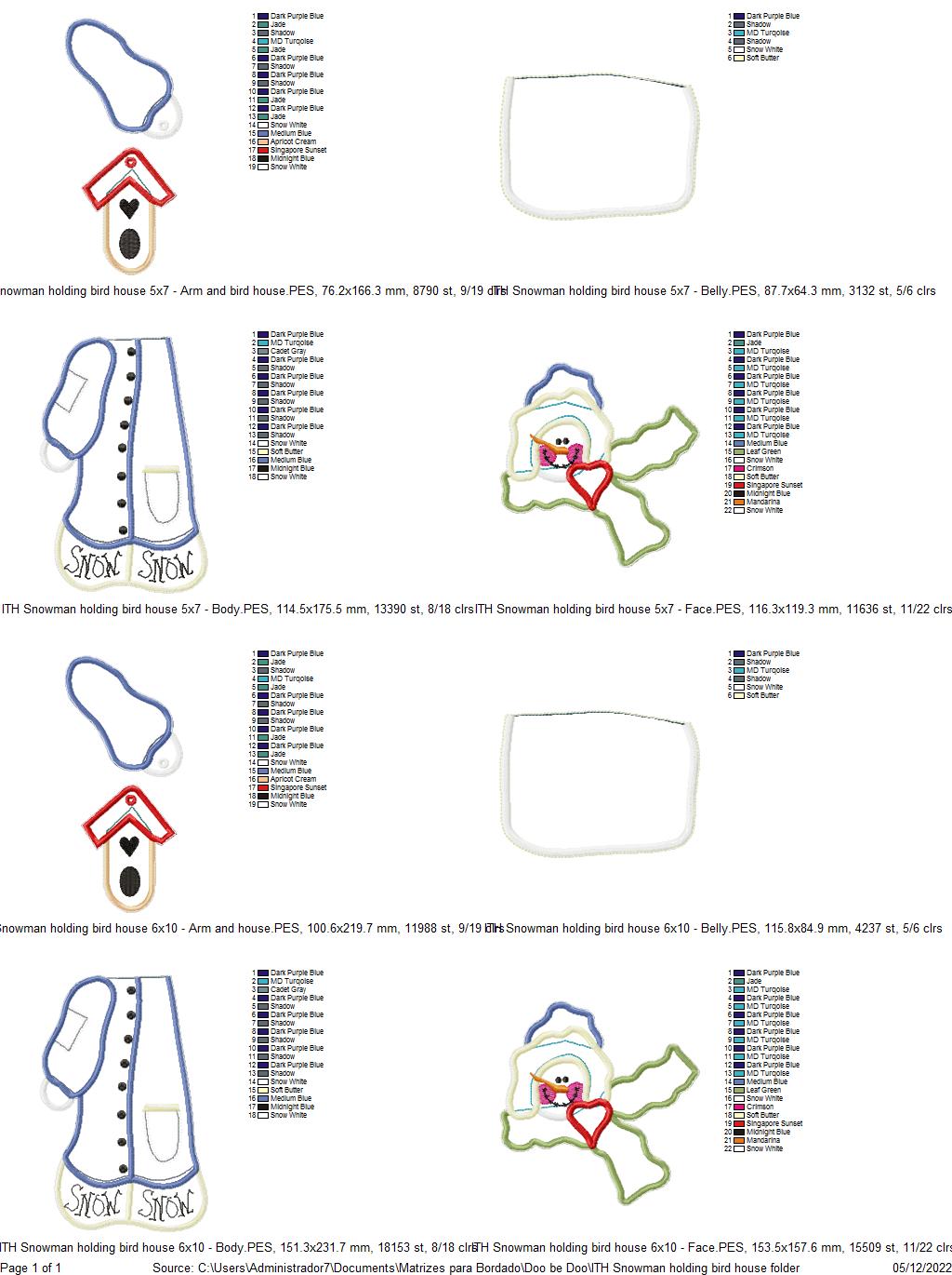 Snowman Holding a Bird House - ITH Project - Machine Embroidery Design