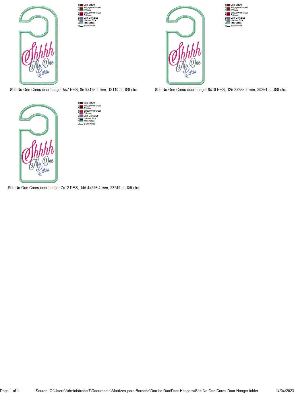 Shhhh No One Cares Door Hanger - ITH Project - Machine Embroidery Design