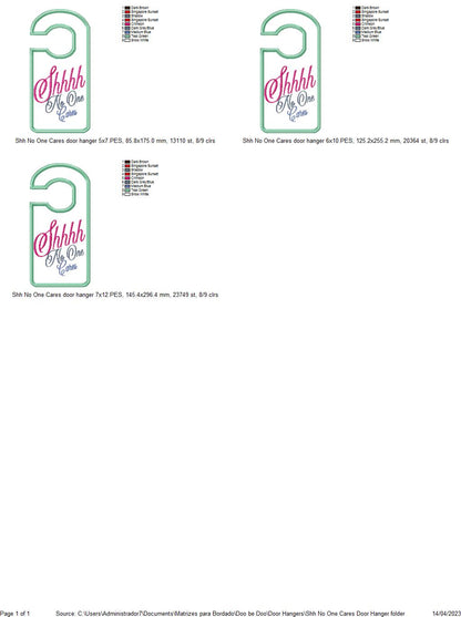 Shhhh No One Cares Door Hanger - ITH Project - Machine Embroidery Design