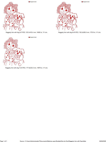 Raggedy Doll with Dog - Redwork Embroidery