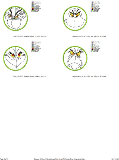 The Grinch Tree Ornaments Set of 4 Designs - ITH Project - Machine Embroidery Design