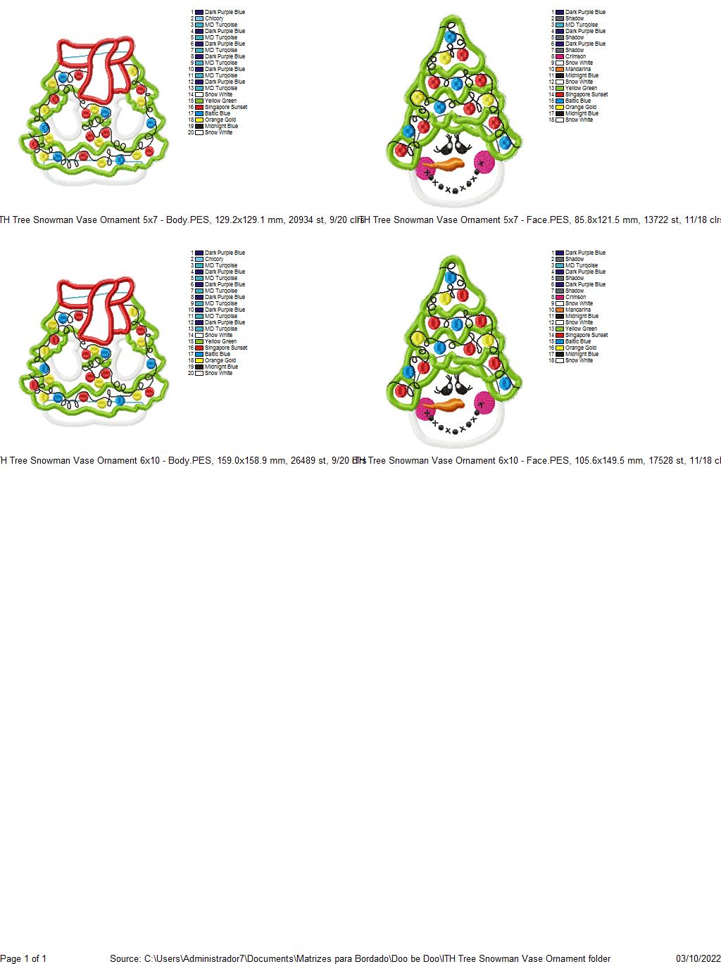 Christmas Tree Snowman Vase Ornament - ITH Project - Machine Embroidery Design