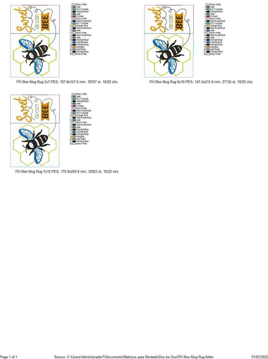 Sweet as can Bee Mug Rug - ITH Project - Machine Embroidery Design
