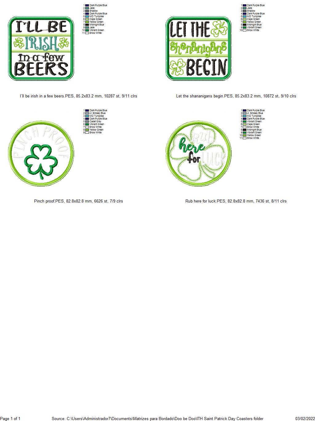 Saint Patrick´s Day Coasters - ITH Project - Machine Embroidery Design