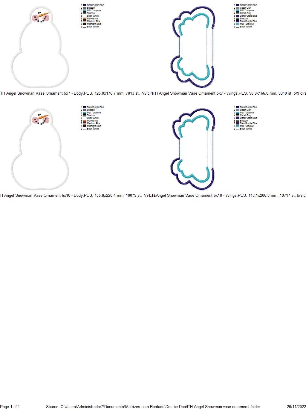 Angel Snowman Vase Ornament - ITH Project - Machine Embroidery Design