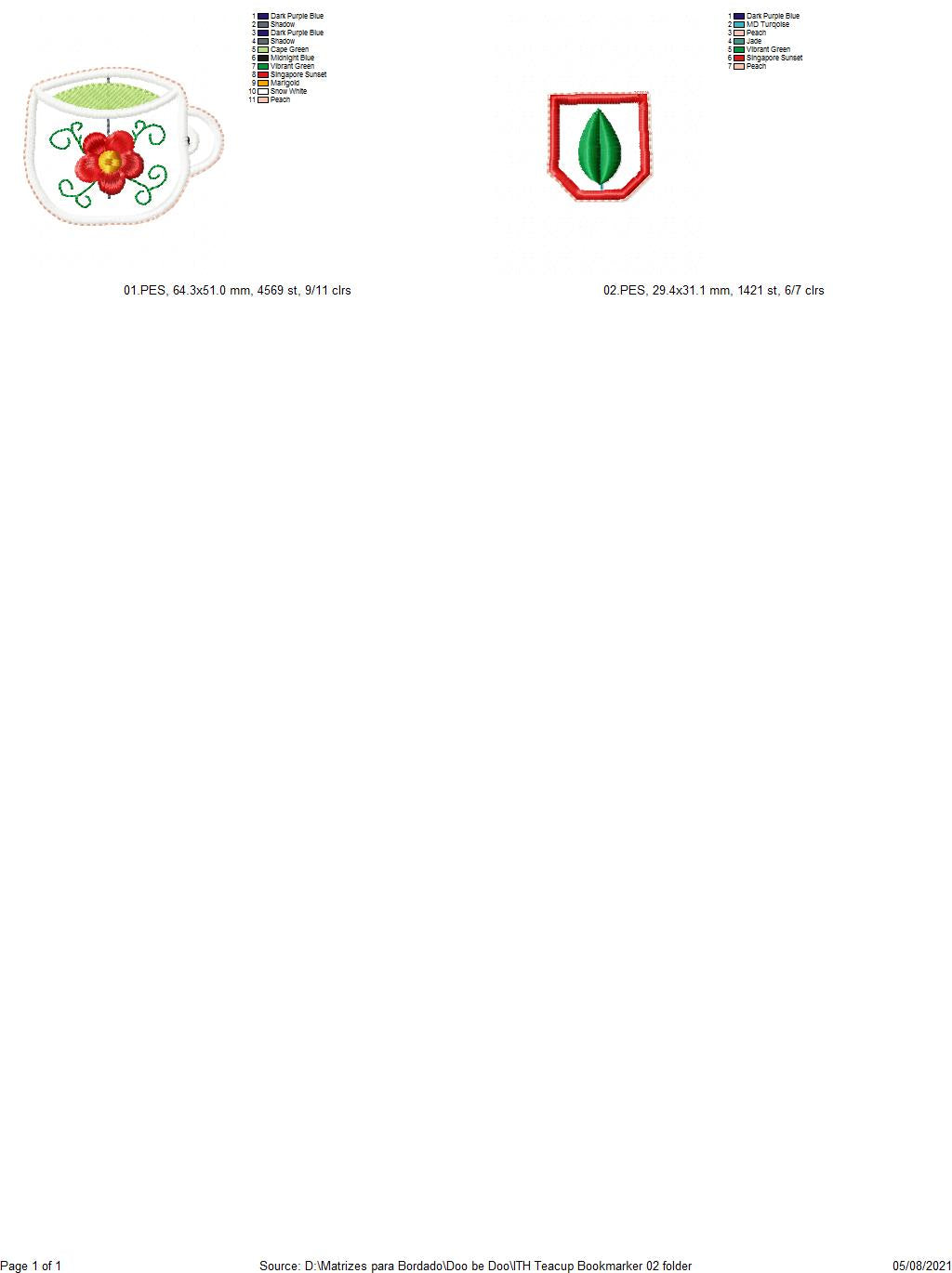 Flower Teacup Bookmarker - ITH Project - Machine Embroidery Design