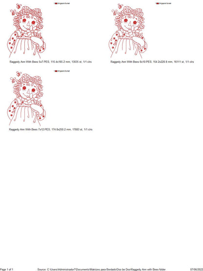 Raggedy Doll with Bees - Redwork - Machine Embroidery Design