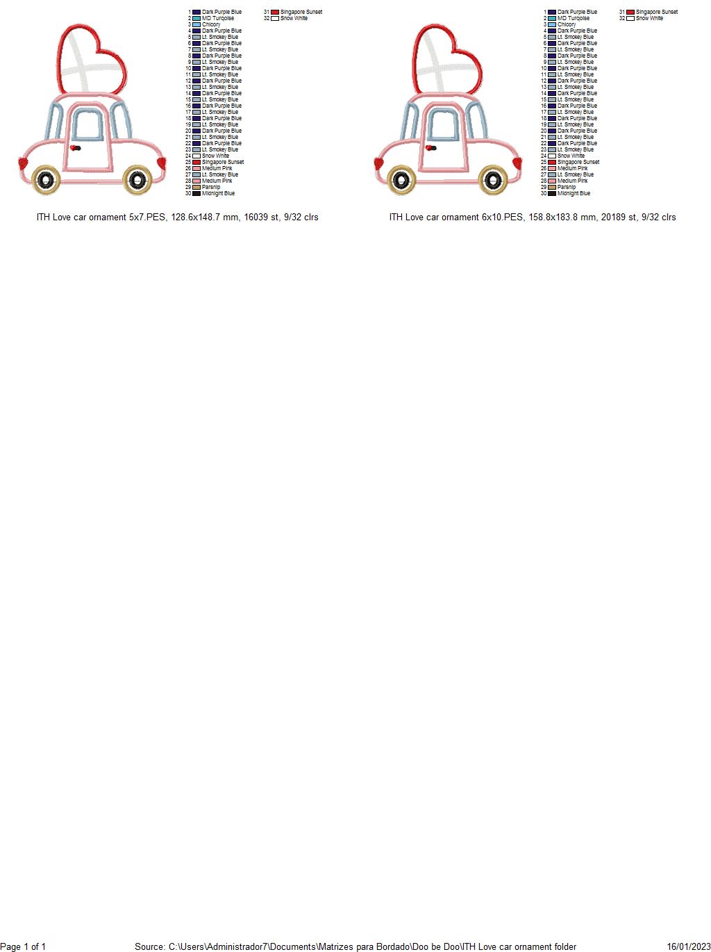 Love Car Ornament - ITH Project - Machine Embroidery Design