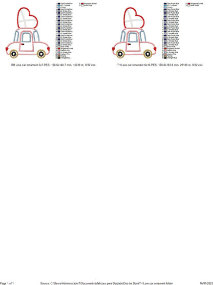 Love Car Ornament - ITH Project - Machine Embroidery Design