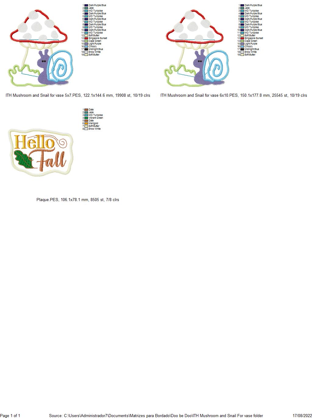 Mushroom and Snail Vase Ornament - ITH Project - Machine Embroidery Design