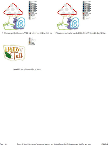 Mushroom and Snail Vase Ornament - ITH Project - Machine Embroidery Design