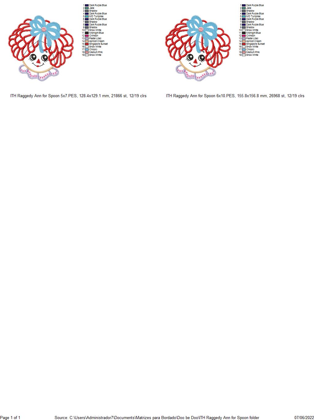 Raggedy Doll for Spoon Set of 2 designs - ITH Project - Machine Embroidery Design