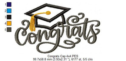 Congrats with Graduation Cap - Applique - Machine Embroidery Design