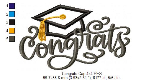 Congrats with Graduation Cap - Applique - Machine Embroidery Design