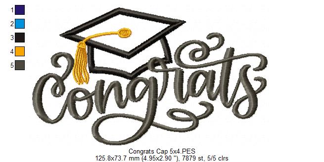 Congrats with Graduation Cap - Applique - Machine Embroidery Design