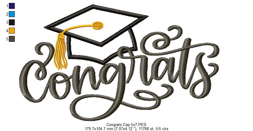 Congrats with Graduation Cap - Applique - Machine Embroidery Design