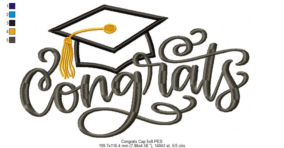 Congrats with Graduation Cap - Applique - Machine Embroidery Design
