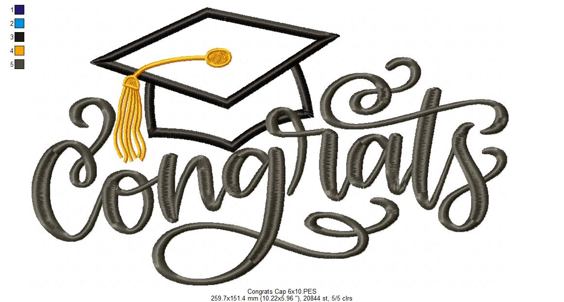 Congrats with Graduation Cap - Applique - Machine Embroidery Design