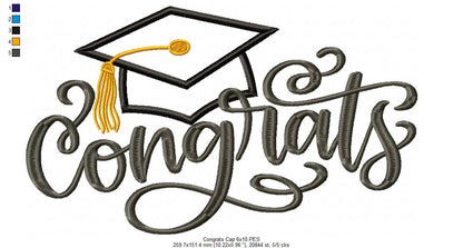 Congrats with Graduation Cap - Applique - Machine Embroidery Design