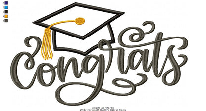 Congrats with Graduation Cap - Applique - Machine Embroidery Design