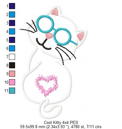 Cat Cool Kitty - Applique - Machine Embroidery Design