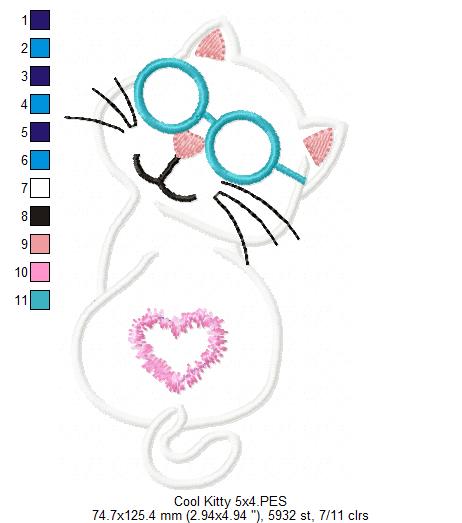 Cat Cool Kitty - Applique - Machine Embroidery Design