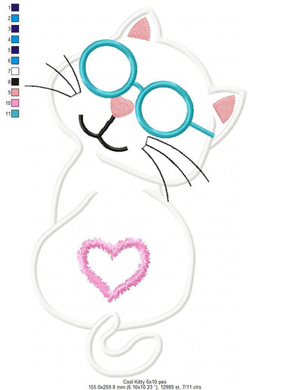 Cat Cool Kitty - Applique - Machine Embroidery Design