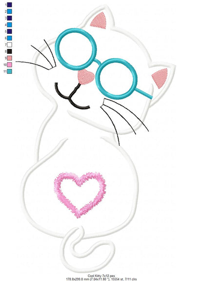 Cat Cool Kitty - Applique - Machine Embroidery Design