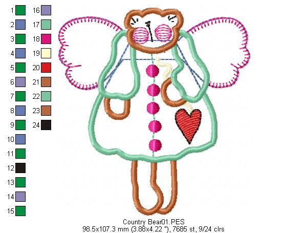 Country Angel Teddy Bear  - Applique - Machine Embroidery Design