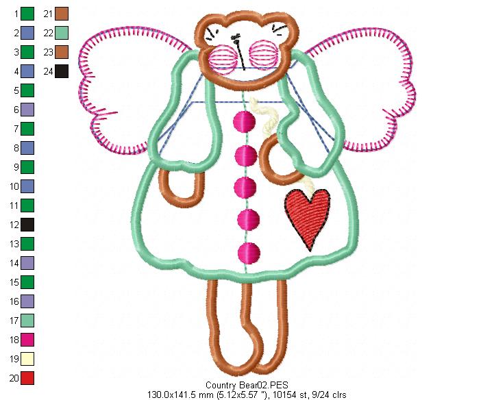 Country Angel Teddy Bear  - Applique - Machine Embroidery Design