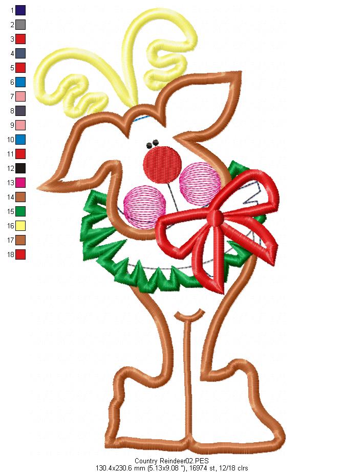 Country Rudolph Reindeer - Applique - Machine Embroidery Design