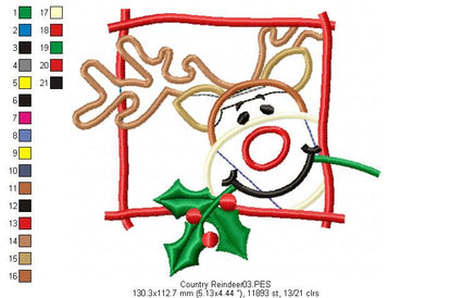 Country Reindeer on frame - Applique - Machine Embroidery Design