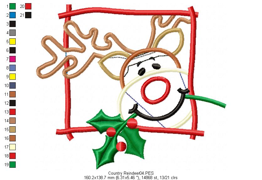 Country Reindeer on frame - Applique - Machine Embroidery Design