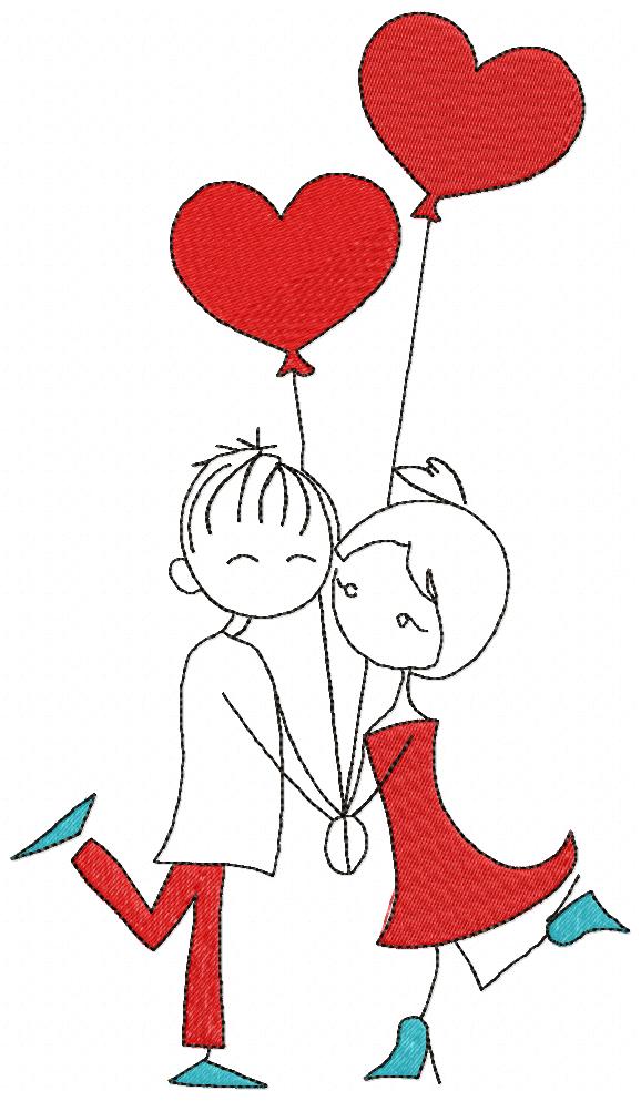 Sweet Couple with Heart Balloons - Fill Stitch - Machine Embroidery Design