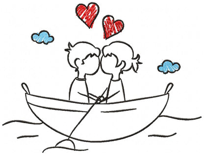 Couple in Love on a Boat - Fill Stitch
