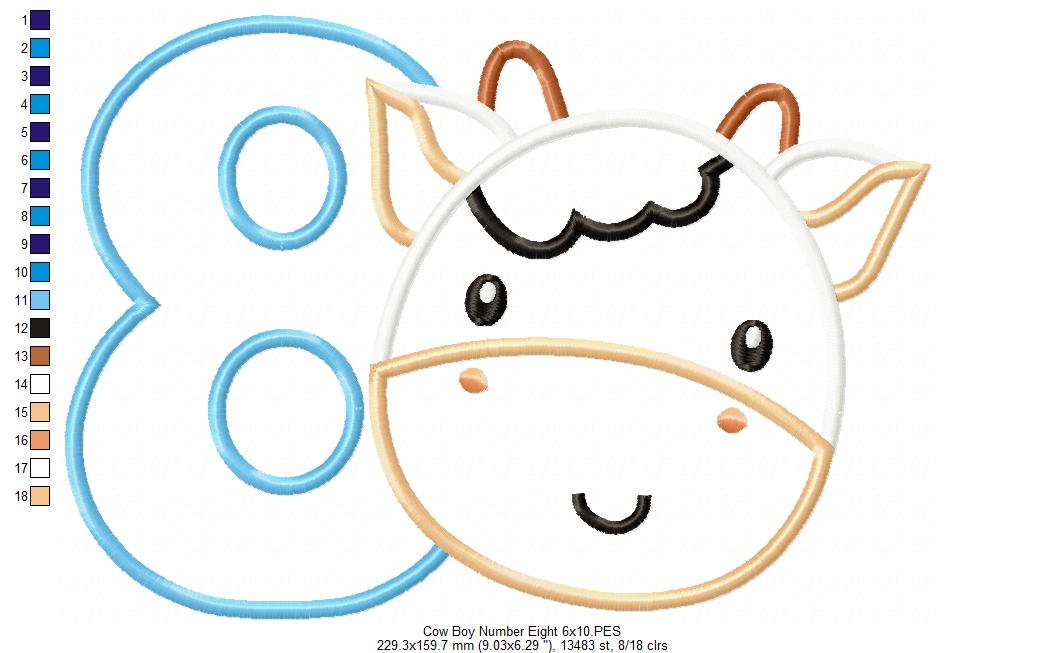 Cow Boy Number 8 Eight 8th Birthday - Applique