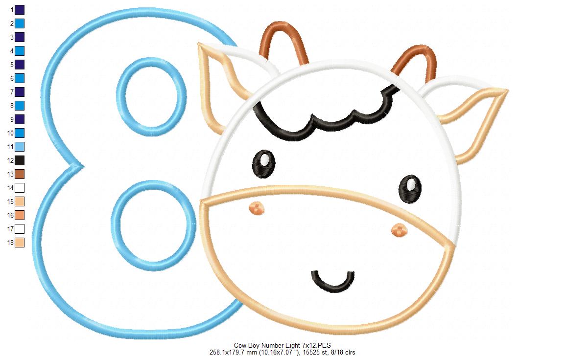 Cow Boy Number 8 Eight 8th Birthday - Applique